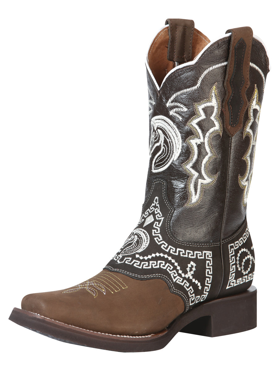 Bota Vaquera de Hombre El General Bordada Rodeo en Piel Nobuck Color Camel 51117