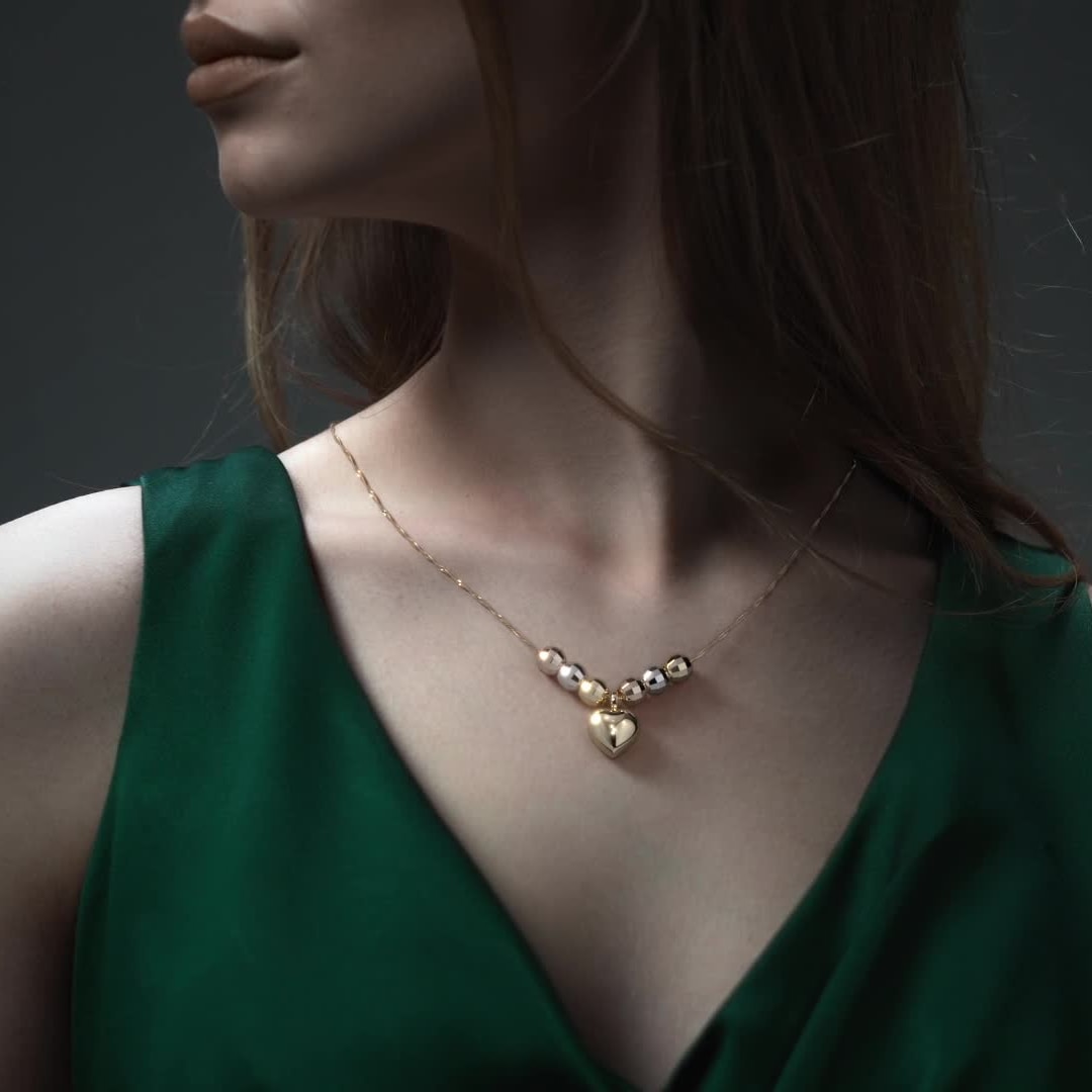 Gargantilla Italiana 14k o 10K De Corazón Inflado Y Bolas Tricolor