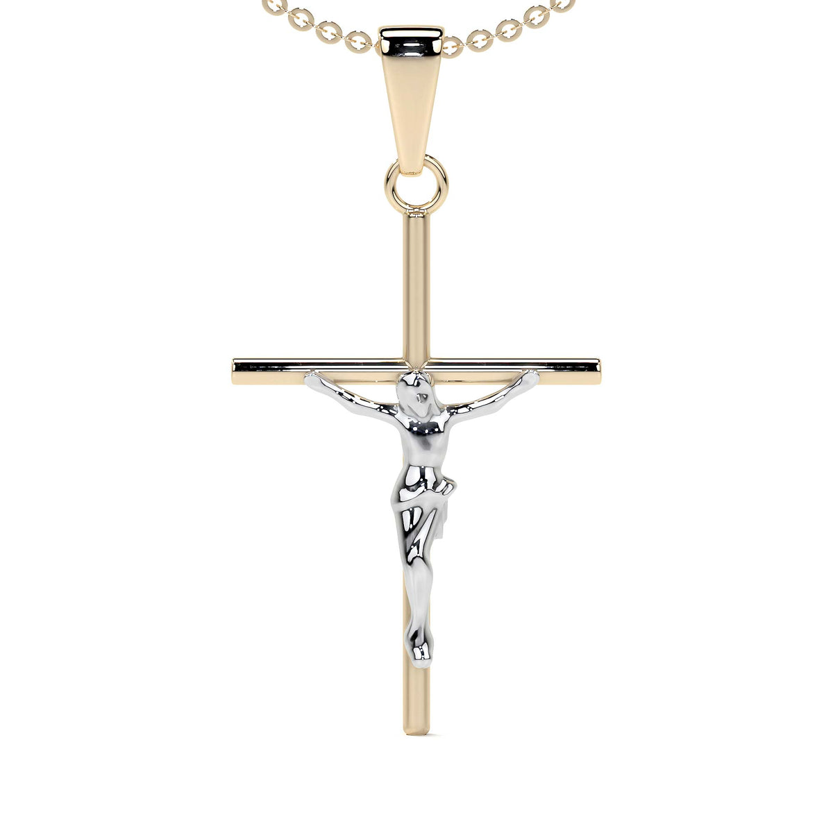 Collar De Cruz De Tubo Y Cristo Rodinado De Oro De 10k