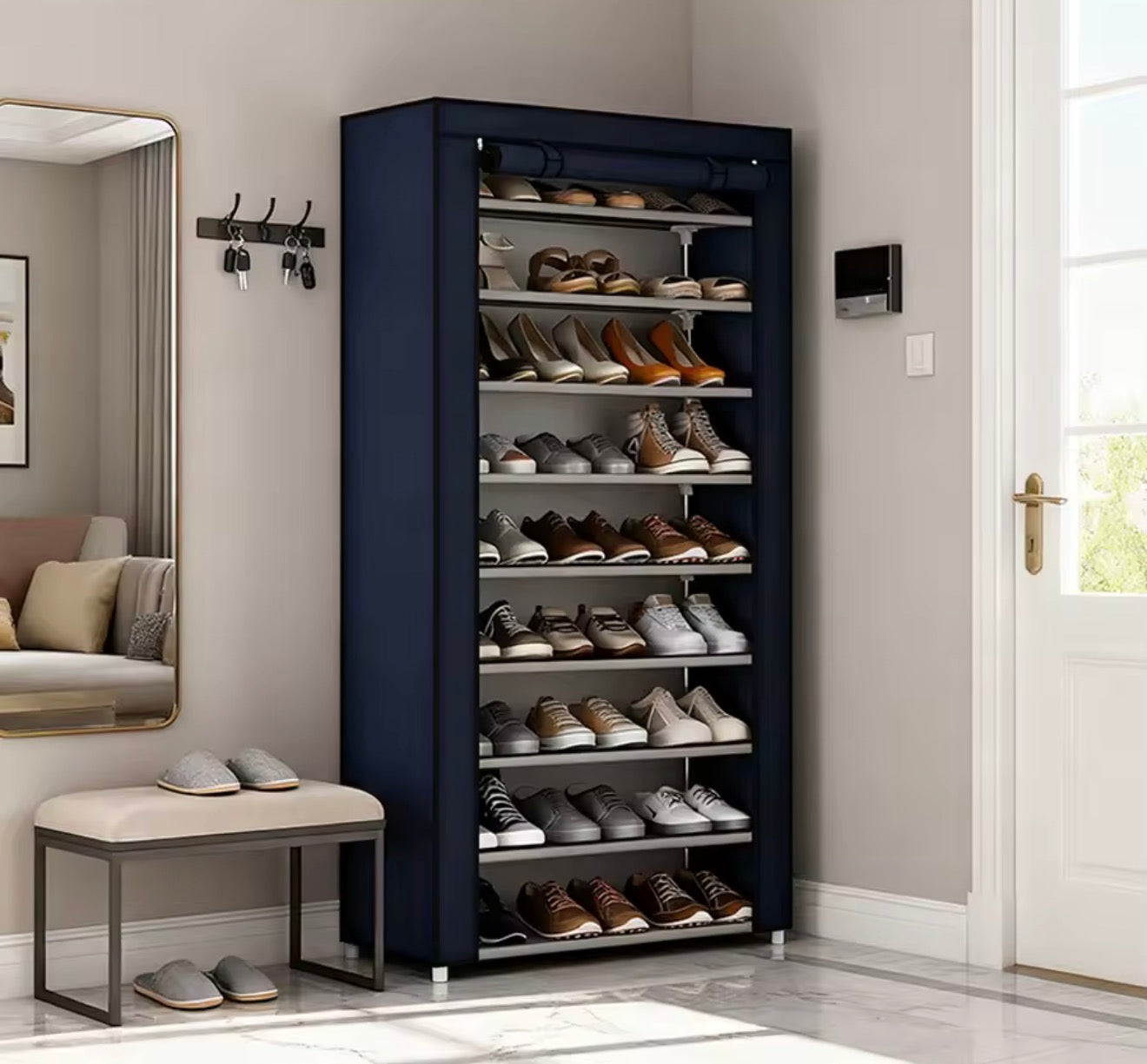 Zapatera con Cubierta de Tela 9 Niveles – Estructura de Acero, Organizador de Zapatos