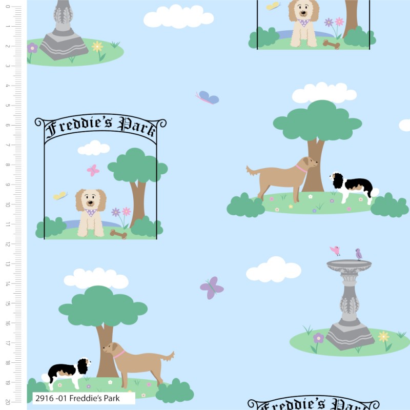1/2 metro de Tela de algodón estampada Freddie y sus Amigos Perros en el Parque azul **Llega el 15 de octubre**