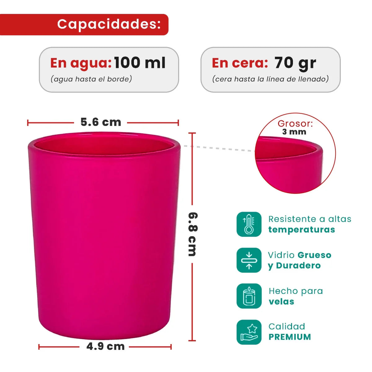 100ml - Mónaco Vaso de vidrio para velas - Frasco Fucsia Mate