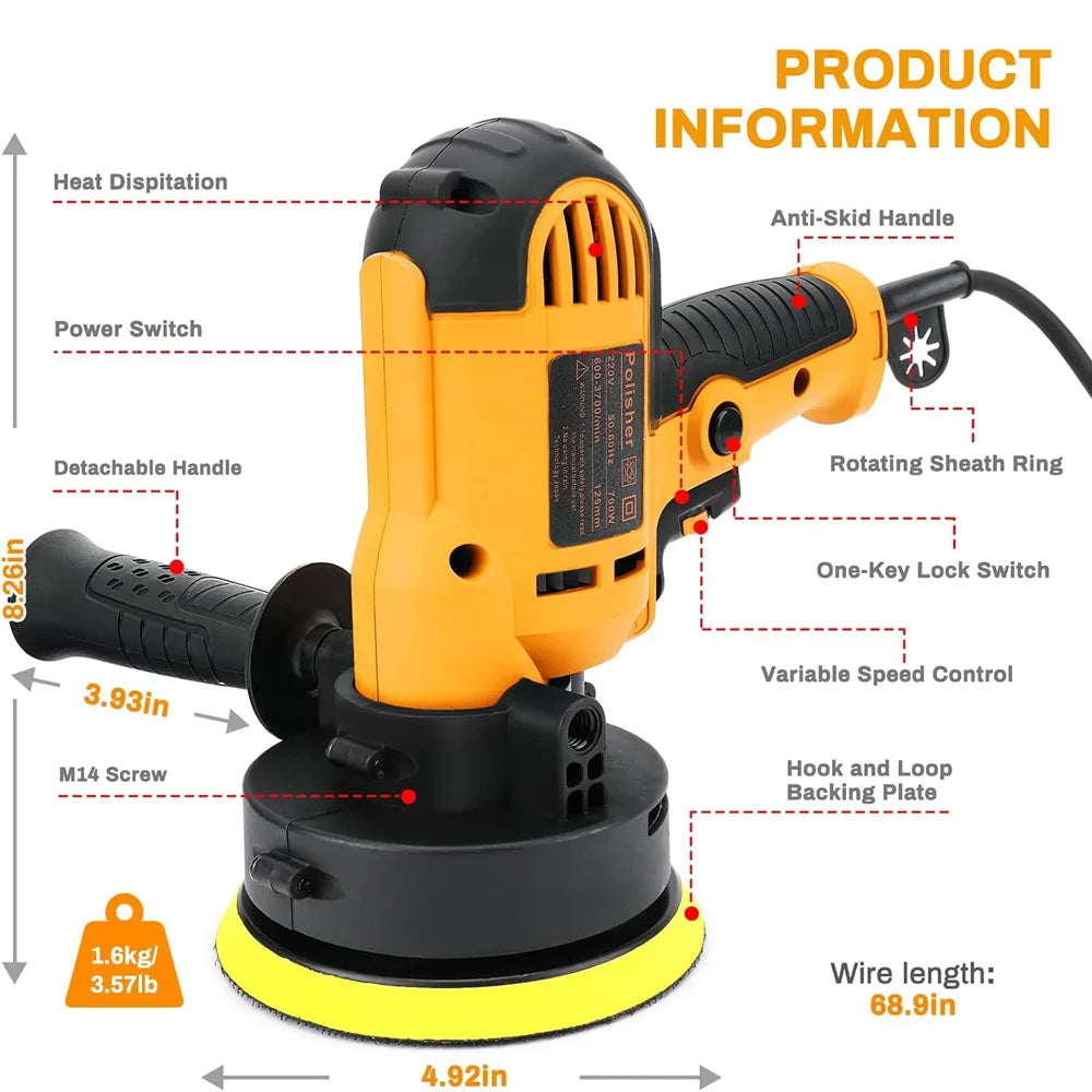 110V Pulidora para Auto,700W Pulidora Orbital de Velocidad Variable（600-3700RPM）,125MM/5-Inch,Juego de 11 Piezas Pulidor con Mango Desmontable Perfecto para Automóviles/Madera/Metal