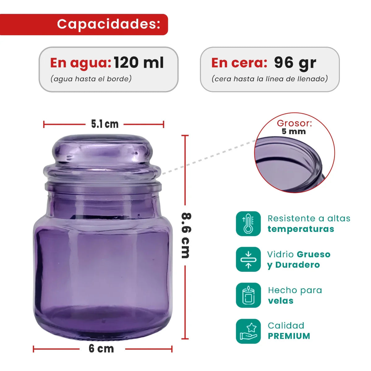 120ml – Siena Vaso Cilíndrico de Vidrio para Velas - Frasco Morado Transparente - Inspirado en Vasos de Yankee Candle ® – Transparente