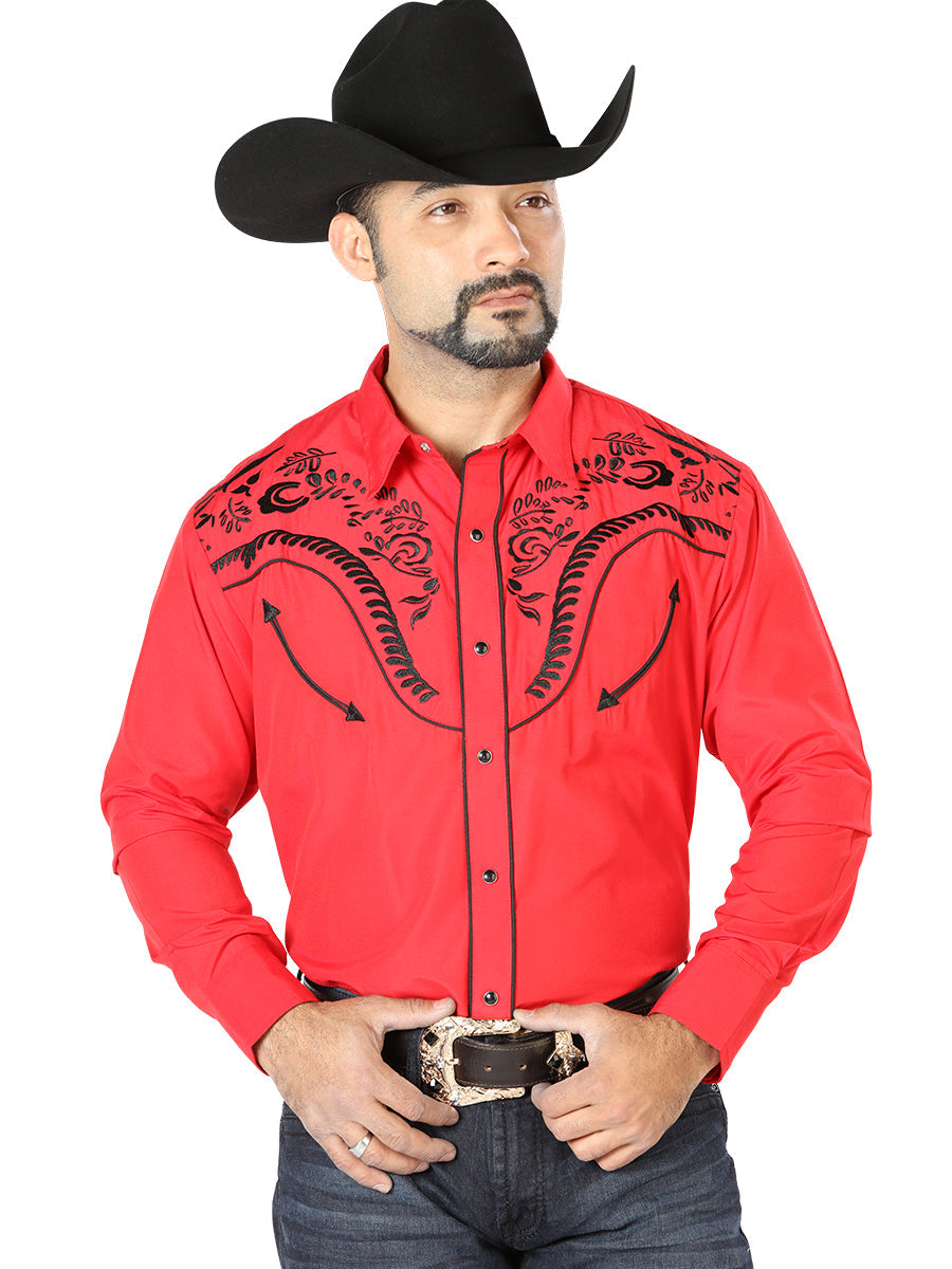 Camisa Vaquera de Hombre El Señor de los Cielos NO.10 Manga Larga Bordada en 65% Poliéster 35% Algodón Color Rojo 126693