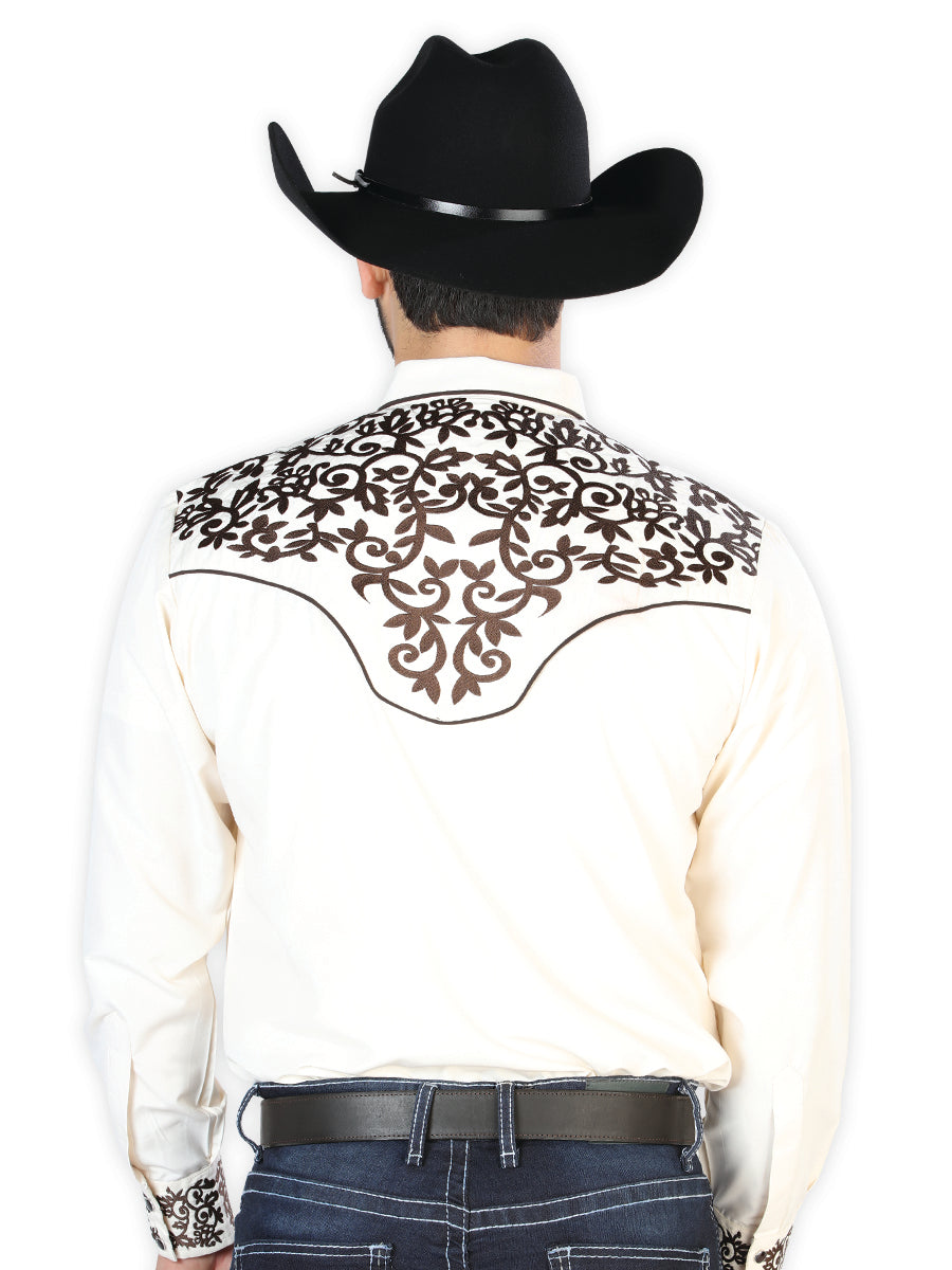 Camisa Vaquera de Hombre El Señor de los Cielos Manga Larga Bordada Casual en 65% Poliéster 35% Algodón Color Beige/Dorado 126703