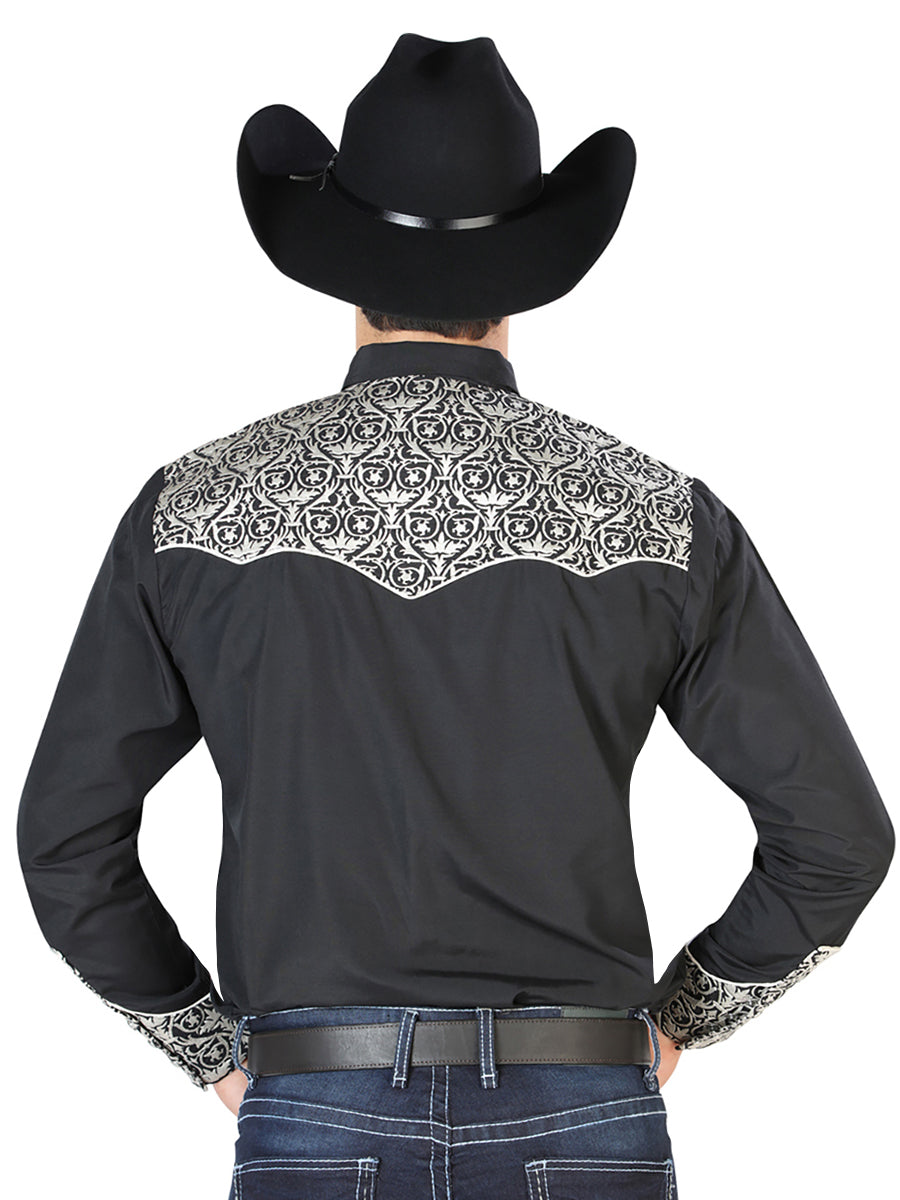 Camisa Vaquera de Hombre El Señor de los Cielos Manga Larga Bordada Casual en 65% Poliéster 35% Algodón Color Negro/Beige 126704