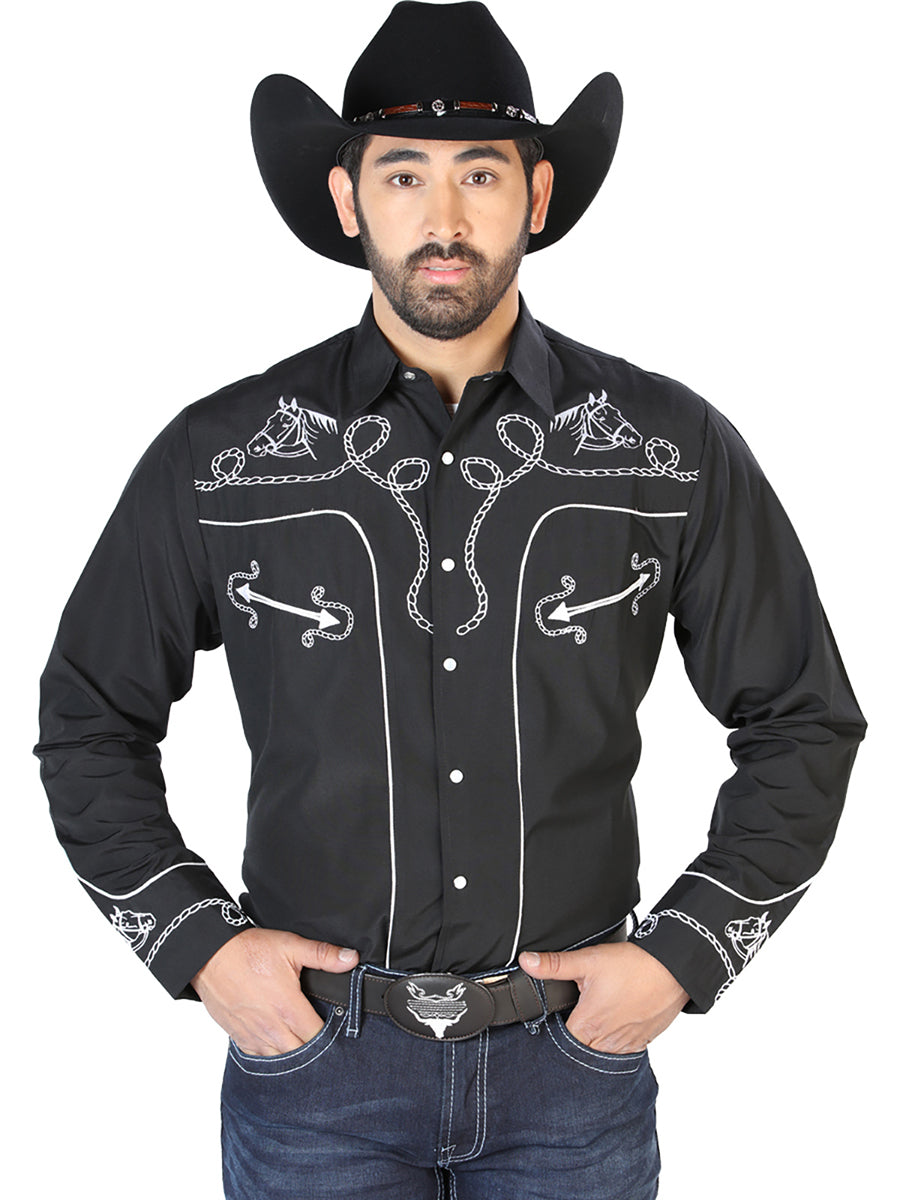 Camisa Vaquera de Hombre El Señor de los Cielos NO.17 Manga Larga Bordada en 65% Poliéster 35% Algodón Color Negro 126714