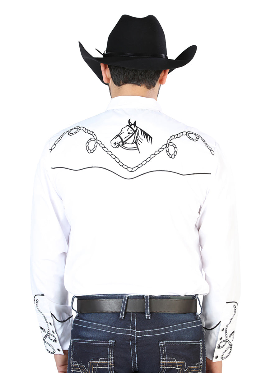 Camisa Vaquera de Hombre El Señor de los Cielos NO.17 Manga Larga Bordada en 65% Poliéster 35% Algodón Color Blanco 126715