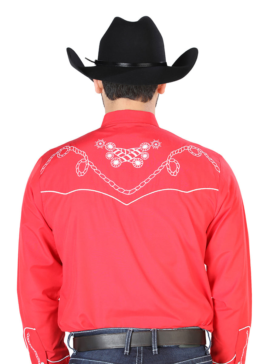 Camisa Vaquera de Hombre El Señor de los Cielos Manga Larga Bordada Casual en 65% Poliéster 35% Algodón Color Rojo/Blanco 126719