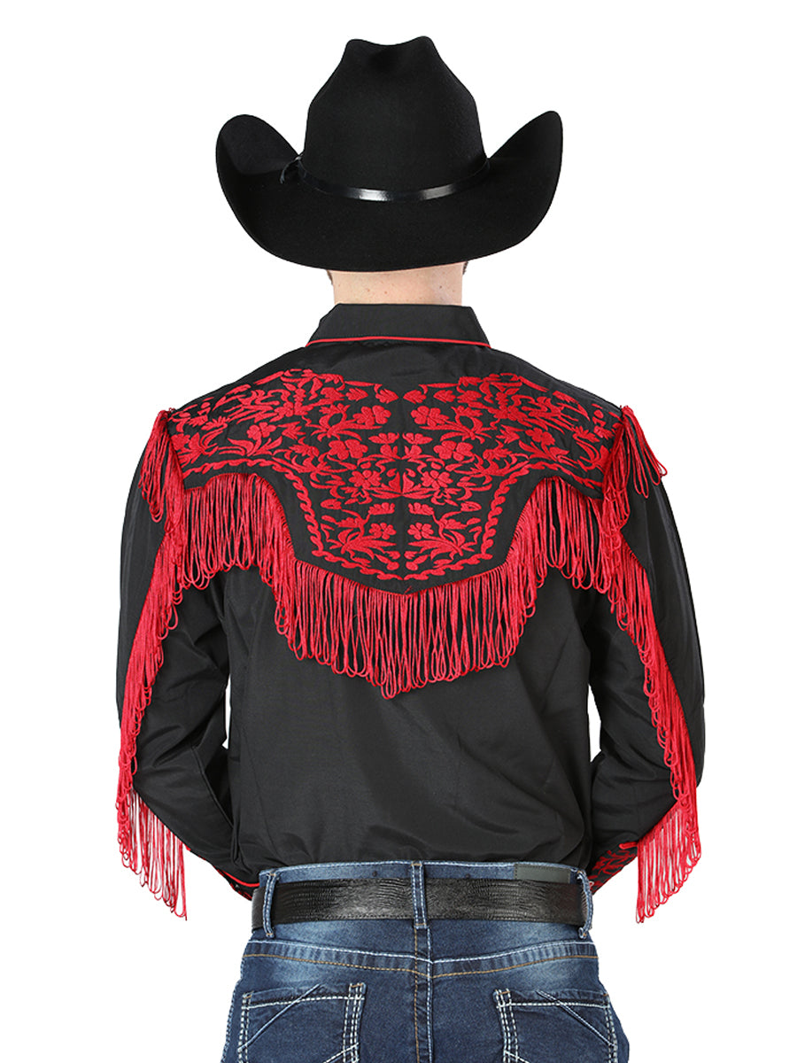 Camisa Vaquera de Hombre El Señor de los Cielos Manga Larga Bordada Casual en 65% Poliéster 35% Algodón Color Negro/Rojo 126726