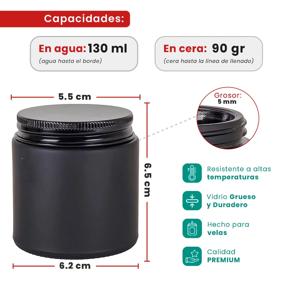 130ml - Miami Vaso de vidrio con rosca para velas - Frasco Negro con tapa negra