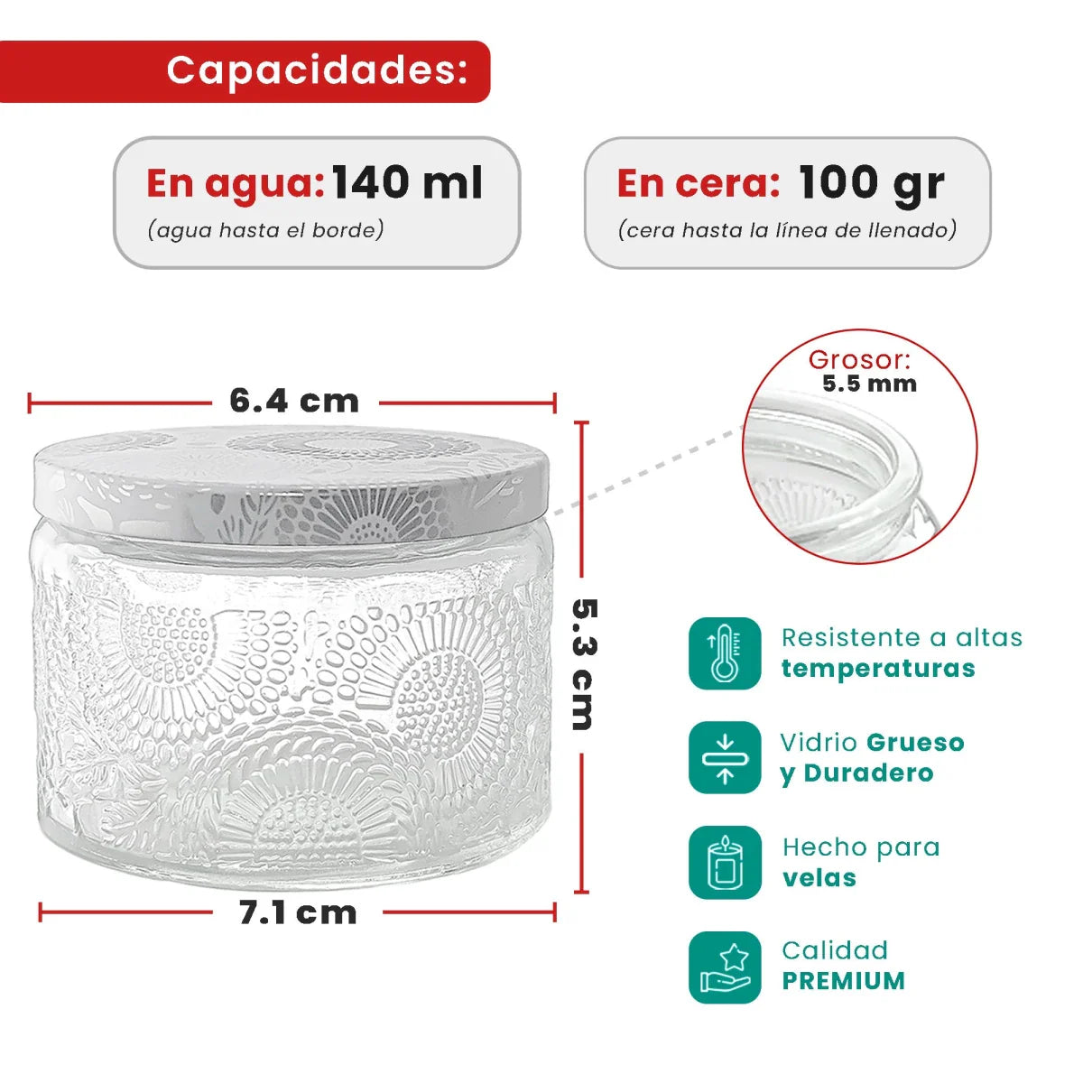 140ml - Londres Vaso de vidrio para velas - Frasco Cristal Transparente Relieve