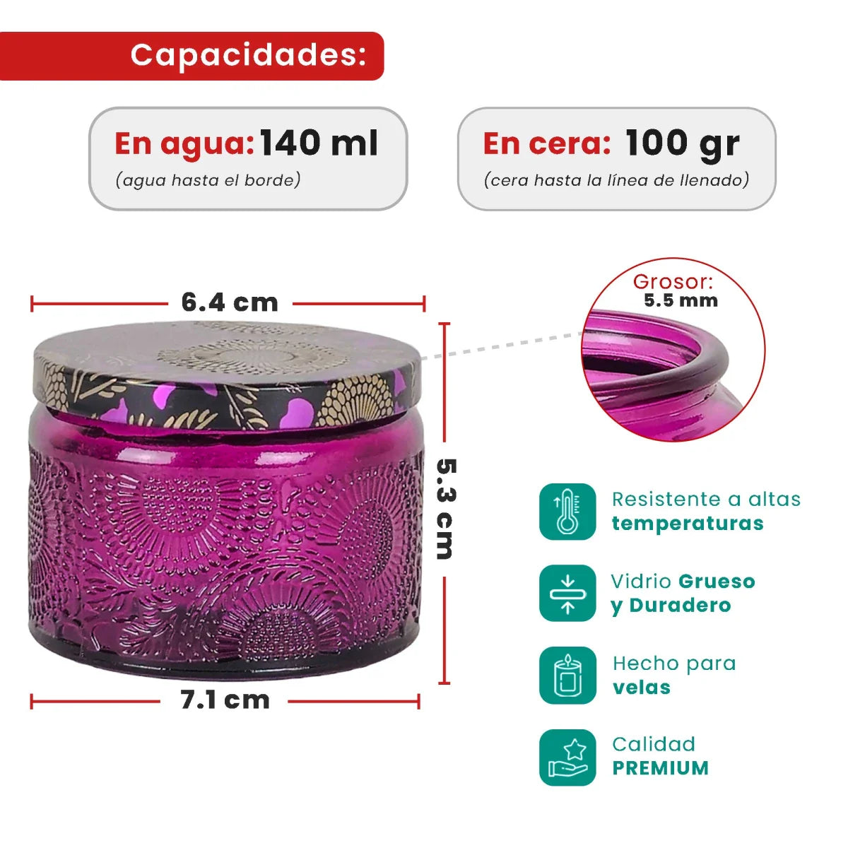 140ml - Londres Vaso de vidrio para velas - Frasco Morado Relieve
