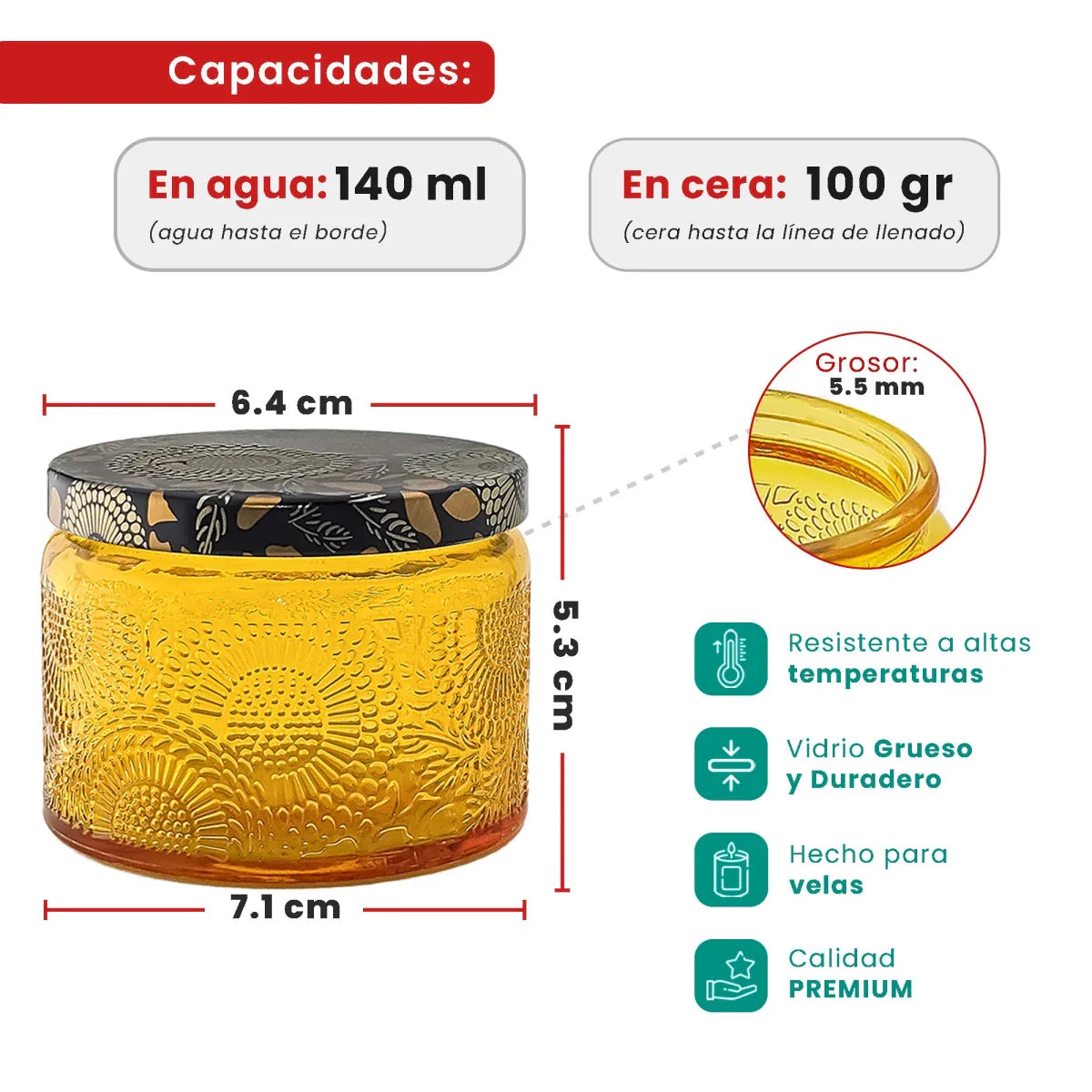 140ml - Londres Vaso de vidrio para velas - Frasco Naranja Relieve