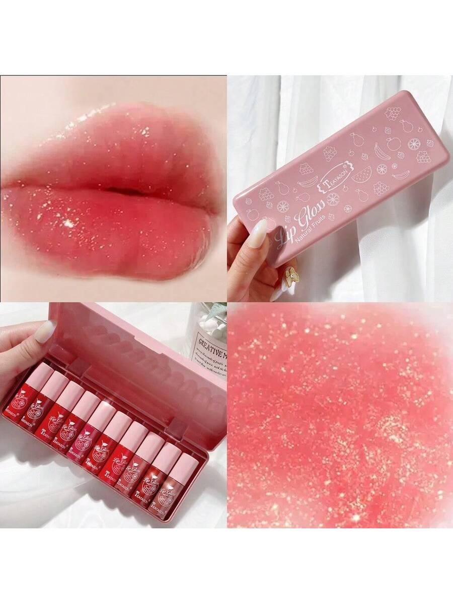 Juego de brillo labial con purpurina de 10 piezas