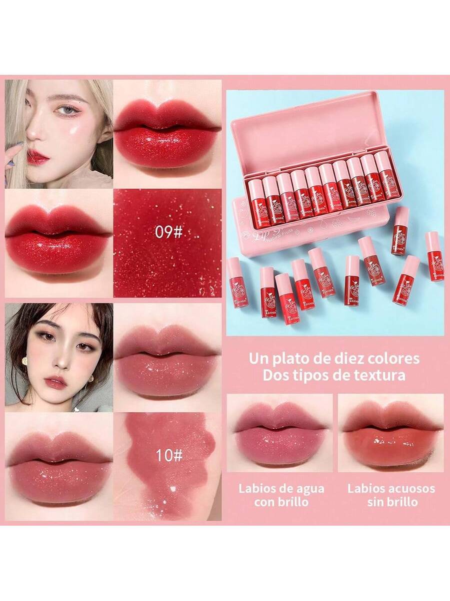 Juego de brillo labial con purpurina de 10 piezas