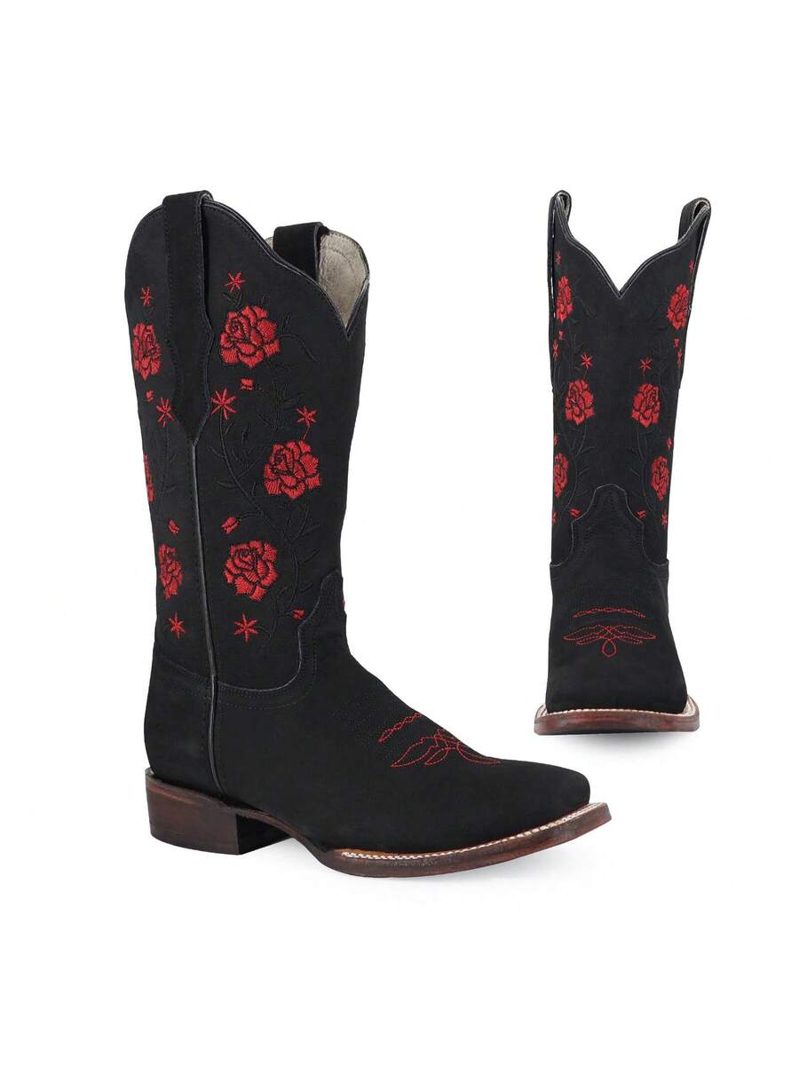 Botas Vaqueras para Mujer con Bordado Floral de Media Pantorrilla