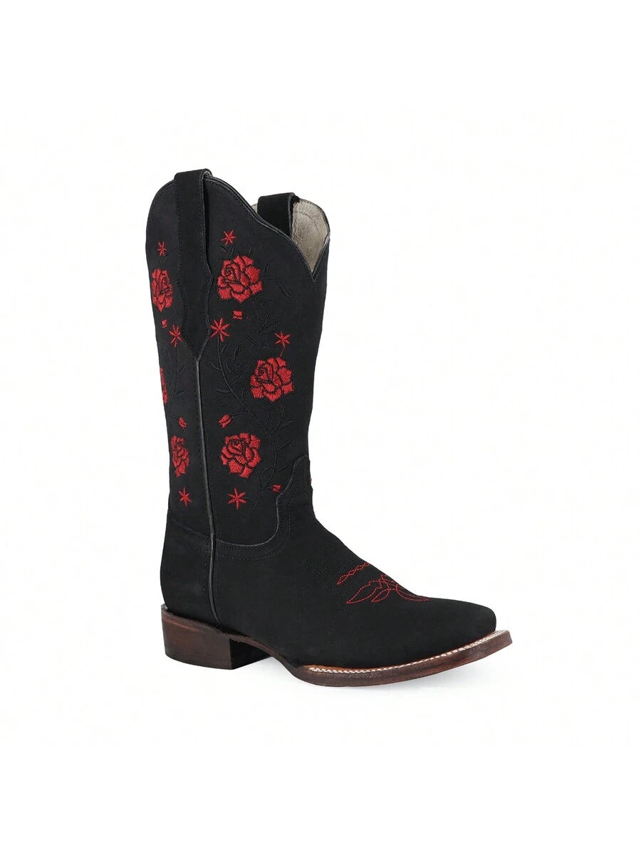 Botas Vaqueras para Mujer con Bordado Floral de Media Pantorrilla