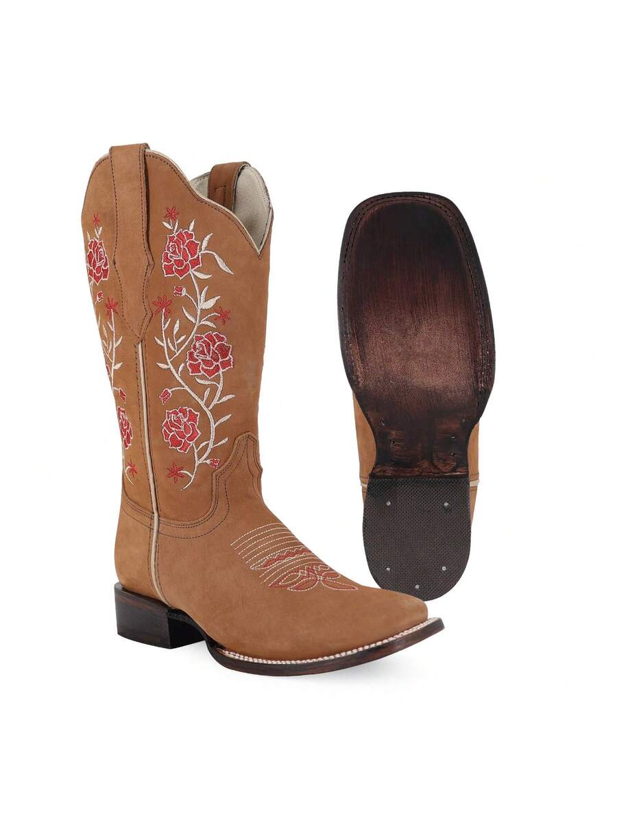 Botas Vaqueras para Mujer con Bordado Floral de Media Pantorrilla