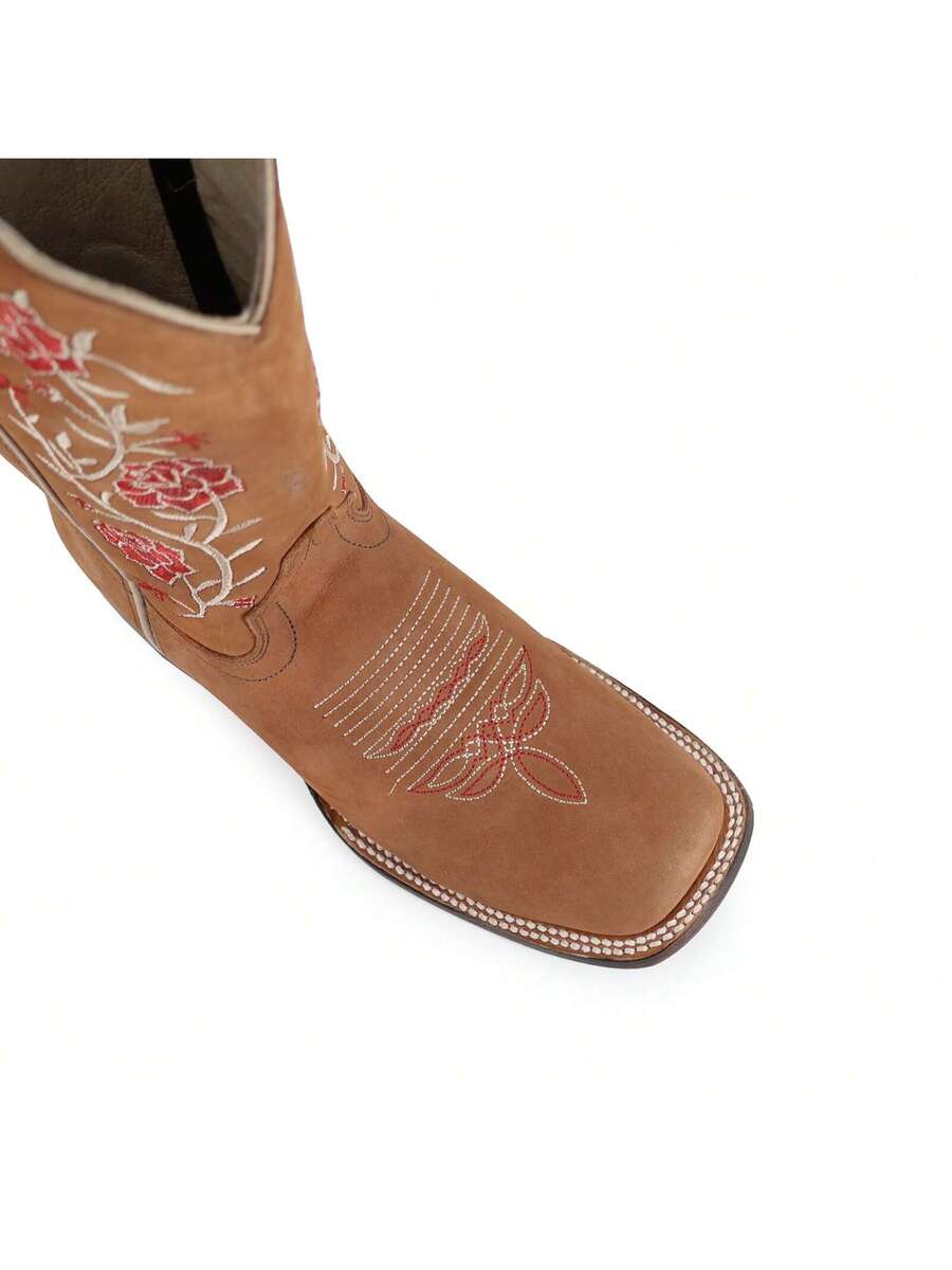 Botas Vaqueras para Mujer con Bordado Floral de Media Pantorrilla