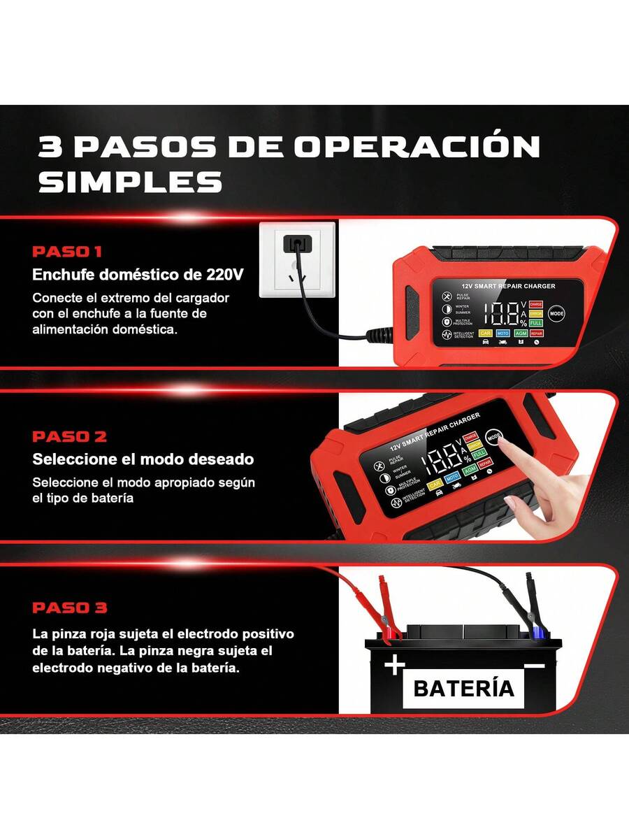 Cargador Inteligente Para Batería, 12V/6A Cargador de Batería de Plomo-ácido