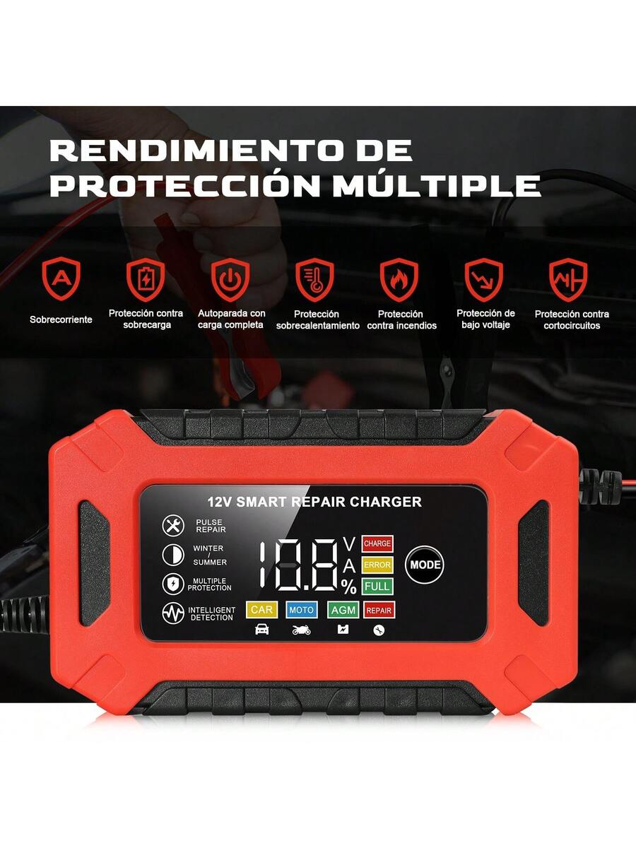Cargador Inteligente Para Batería, 12V/6A Cargador de Batería de Plomo-ácido