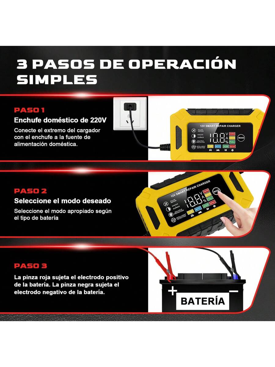 Cargador Inteligente Para Batería, 12V/6A Cargador de Batería de Plomo-ácido
