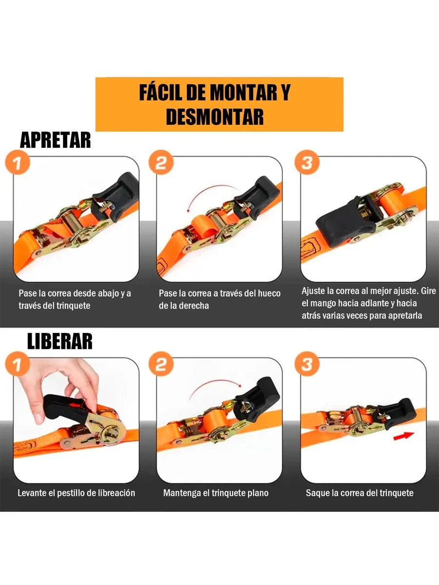 2pzs Sujetador Matraca Cinto 3m Auto Moto Carga Amarre 400kg