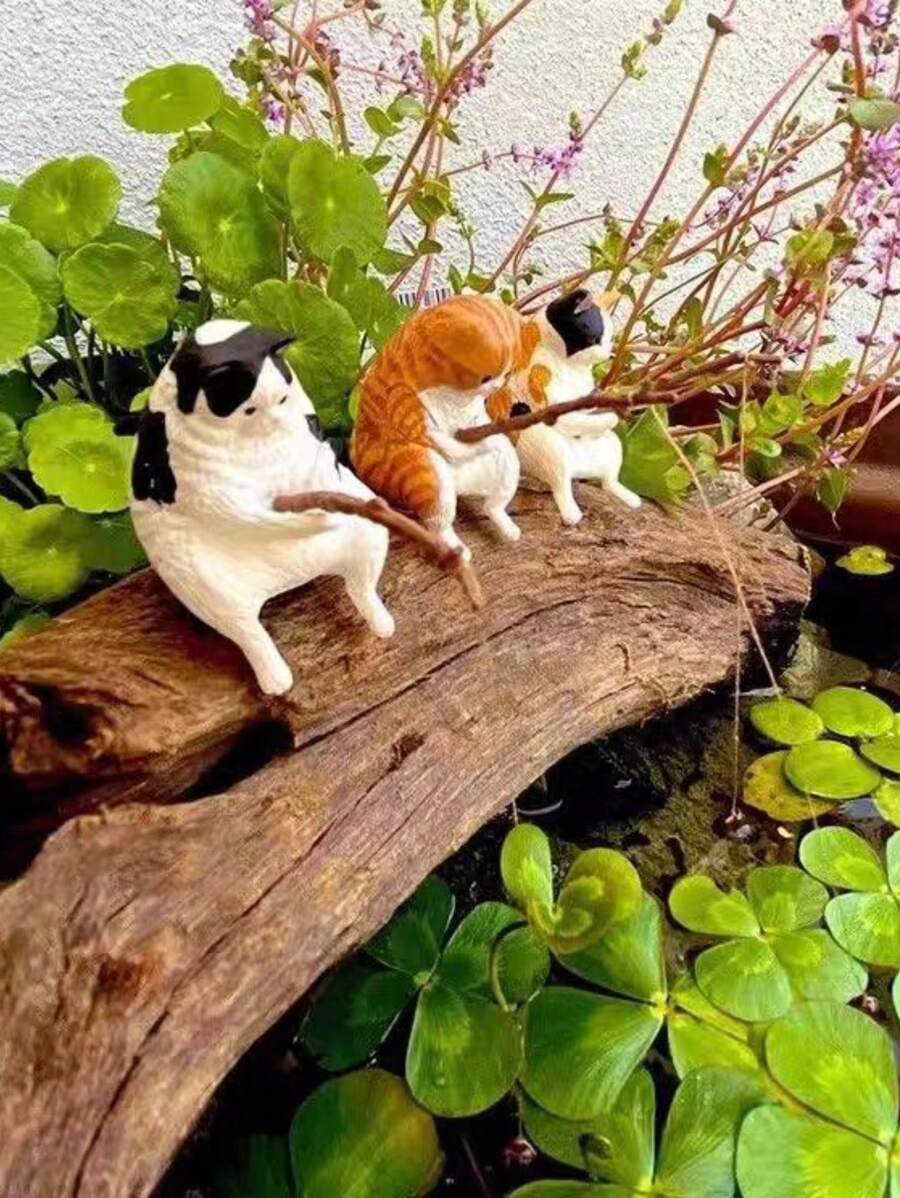 1 pieza Decoración de gato pescando en el acuario