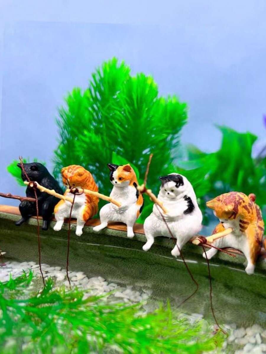 1 pieza Decoración de gato pescando en el acuario