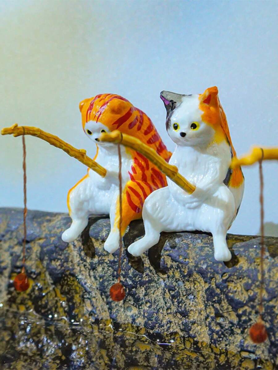 1 pieza Decoración de gato pescando en el acuario