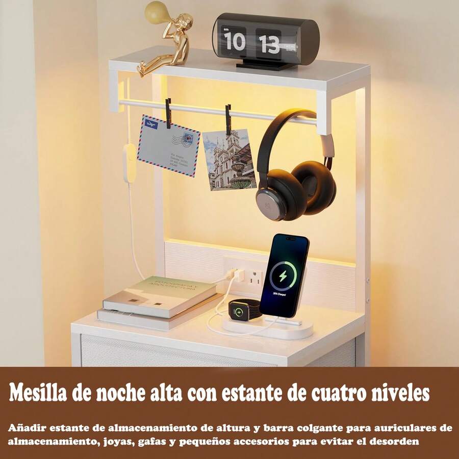 Mesilla de noche alta con puerto de carga USB y luz LED
