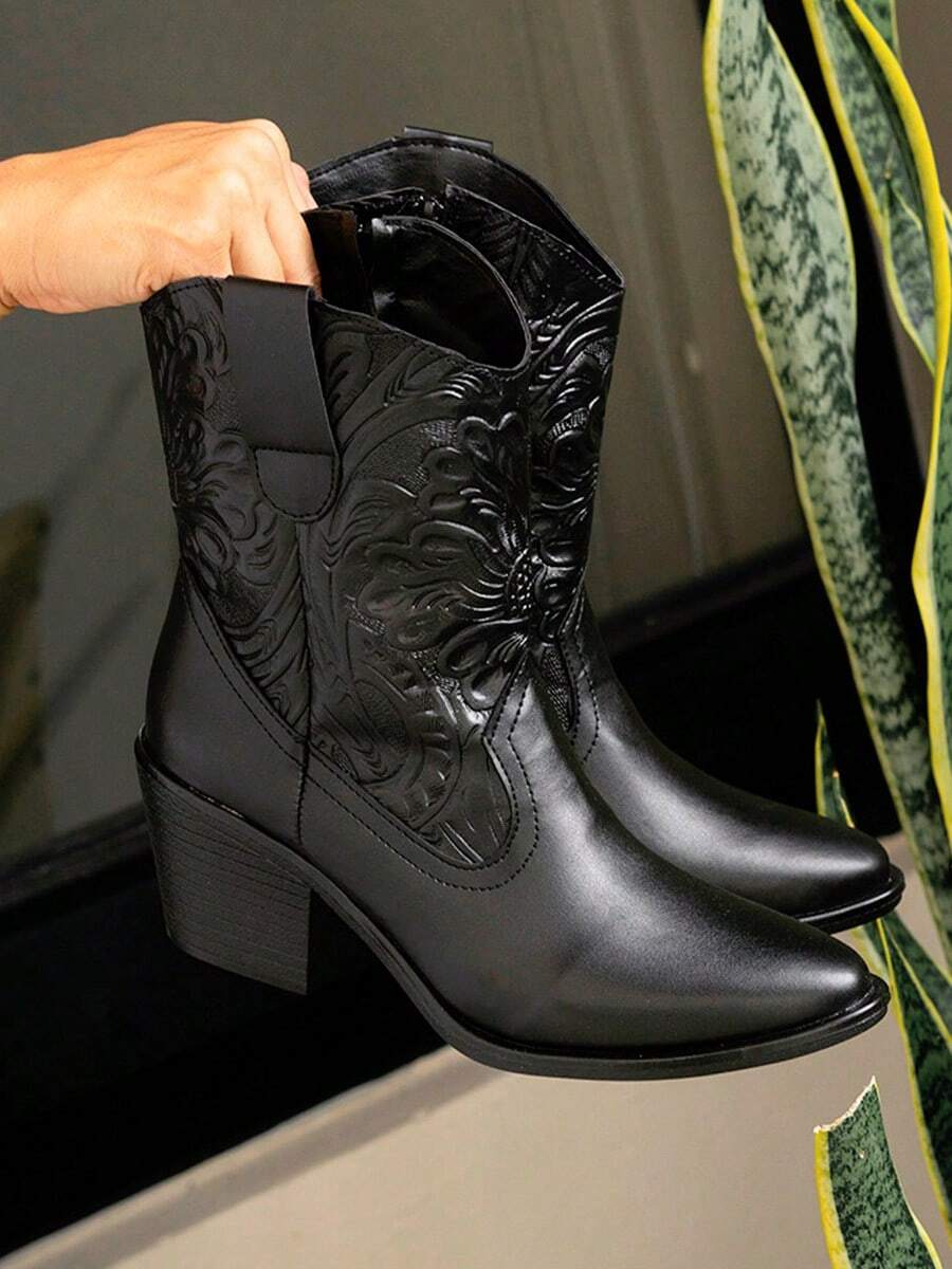 Botines vaqueros con diseño grabado de tacón grueso