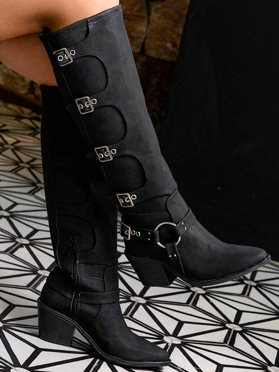 Botas vaqueras con hebillas estilo clasico de media caña con tacón grueso