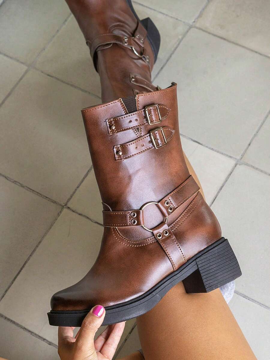 Botas casuales de media caña con tacón grueso y bajo