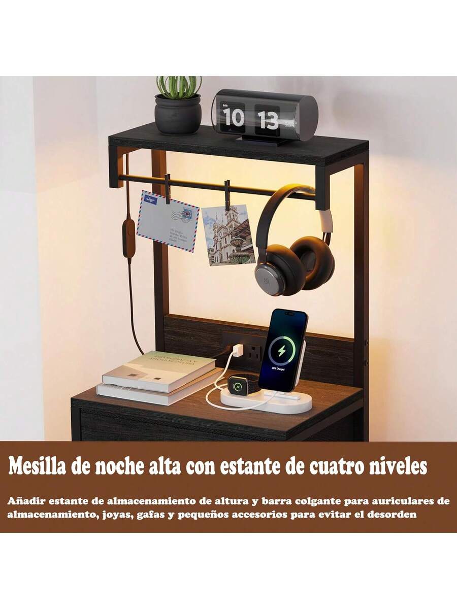 Mesilla de noche alta con puerto de carga USB y luz LED