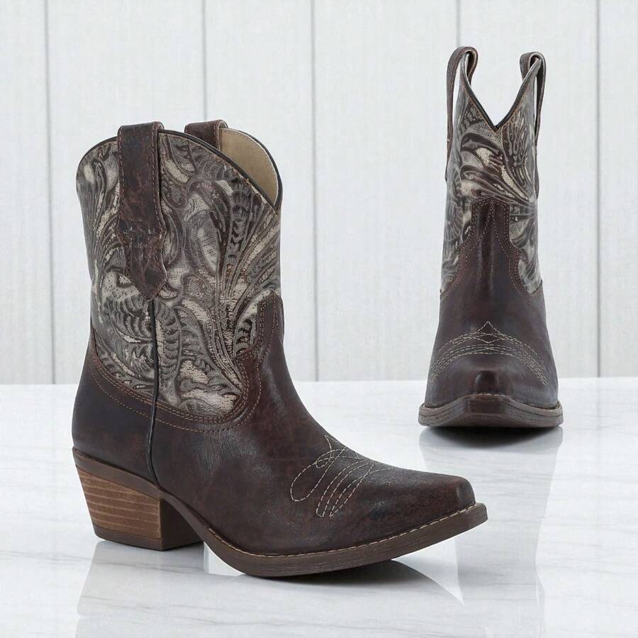 Botines Vaqueros Café Oscuro para Mujer con Bordado Artesanal
