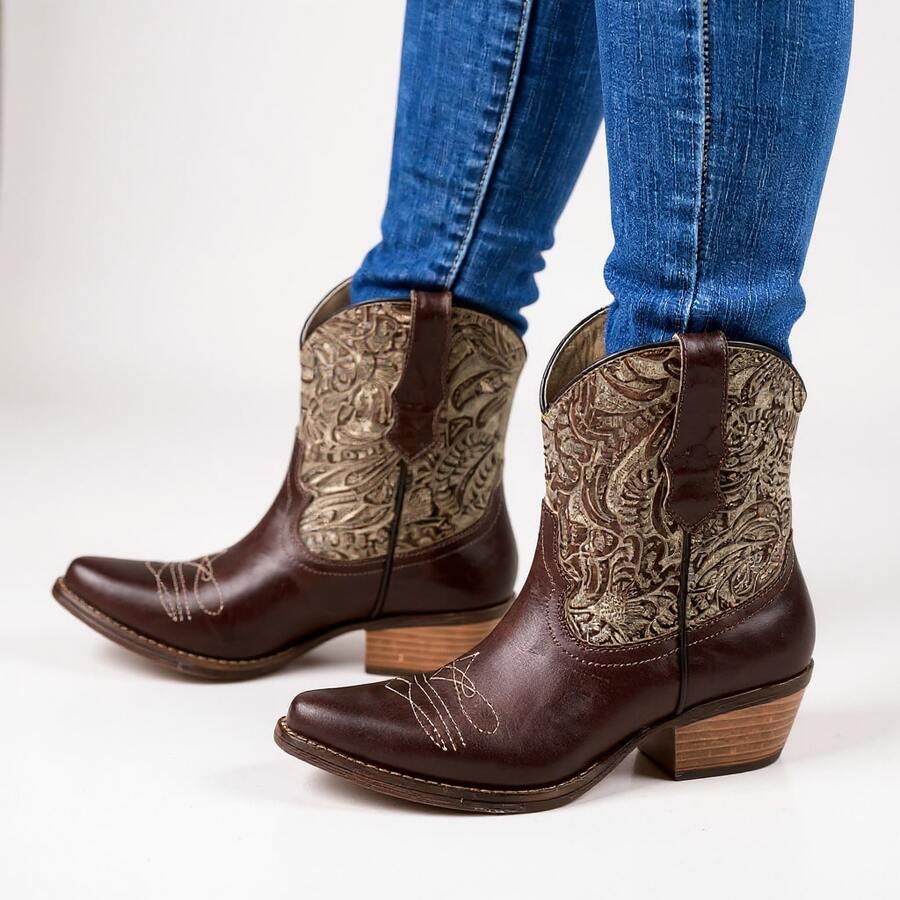 Botines Vaqueros Café Oscuro para Mujer con Bordado Artesanal