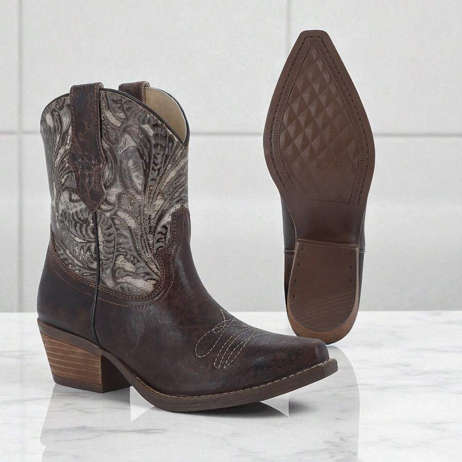 Botines Vaqueros Café Oscuro para Mujer con Bordado Artesanal