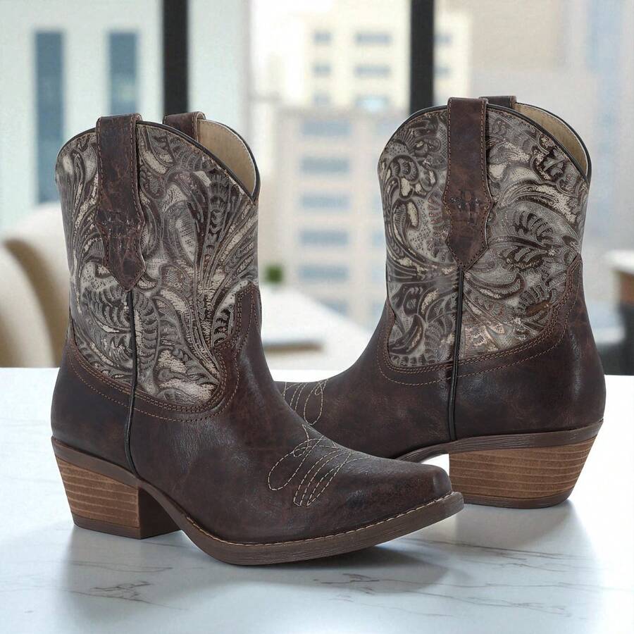 Botines Vaqueros Café Oscuro para Mujer con Bordado Artesanal