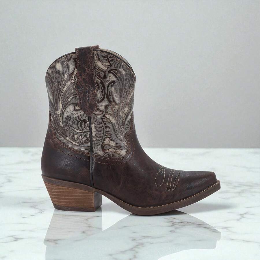 Botines Vaqueros Café Oscuro para Mujer con Bordado Artesanal