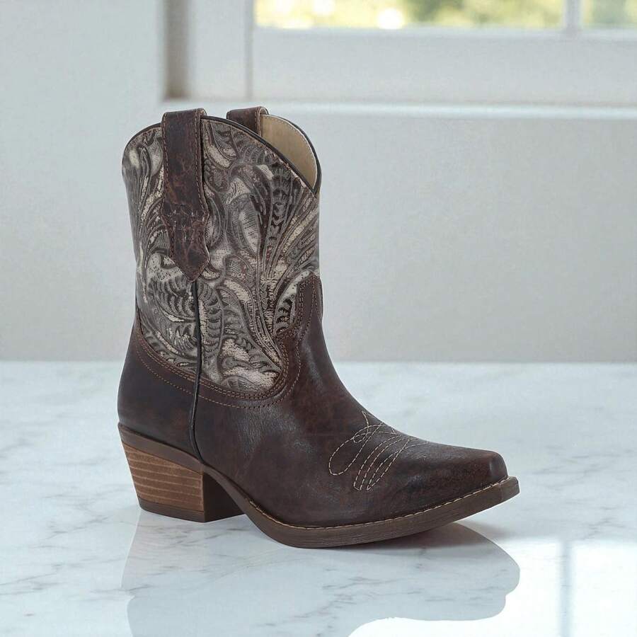 Botines Vaqueros Café Oscuro para Mujer con Bordado Artesanal