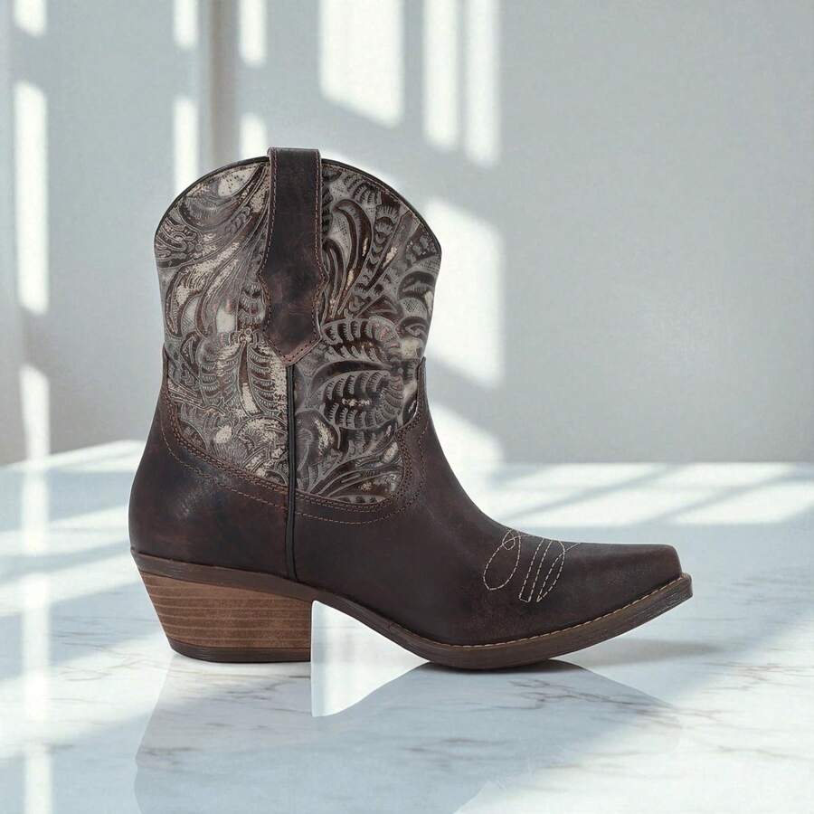 Botines Vaqueros Café Oscuro para Mujer con Bordado Artesanal