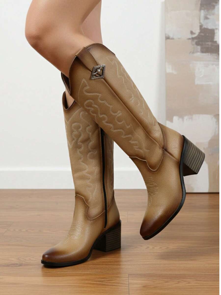 Botas Vaqueras Con bordado y efecto sombreado elegante tacón bajo y ancho
