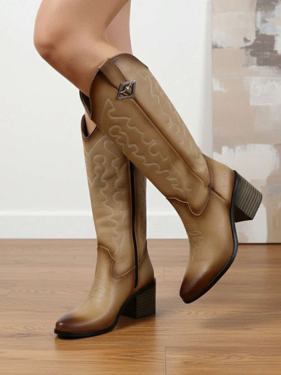 Botas Vaqueras Con bordado y efecto sombreado elegante tacón bajo y ancho