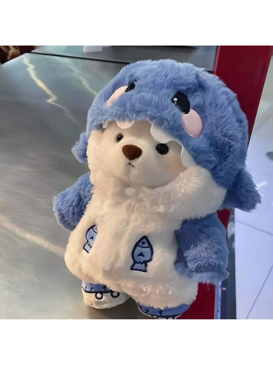 Peluche de oso de peluche con disfraz de tiburón de 28 cm de largo