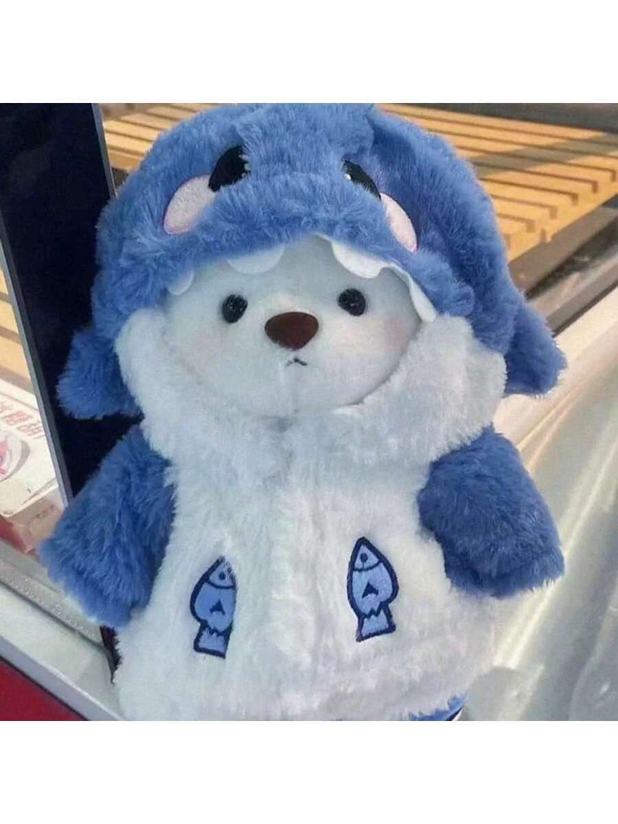 Peluche de oso de peluche con disfraz de tiburón de 28 cm de largo