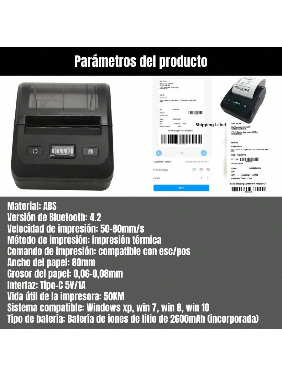 Impresora Térmica Portátil Inalámbrica De 80 Mm