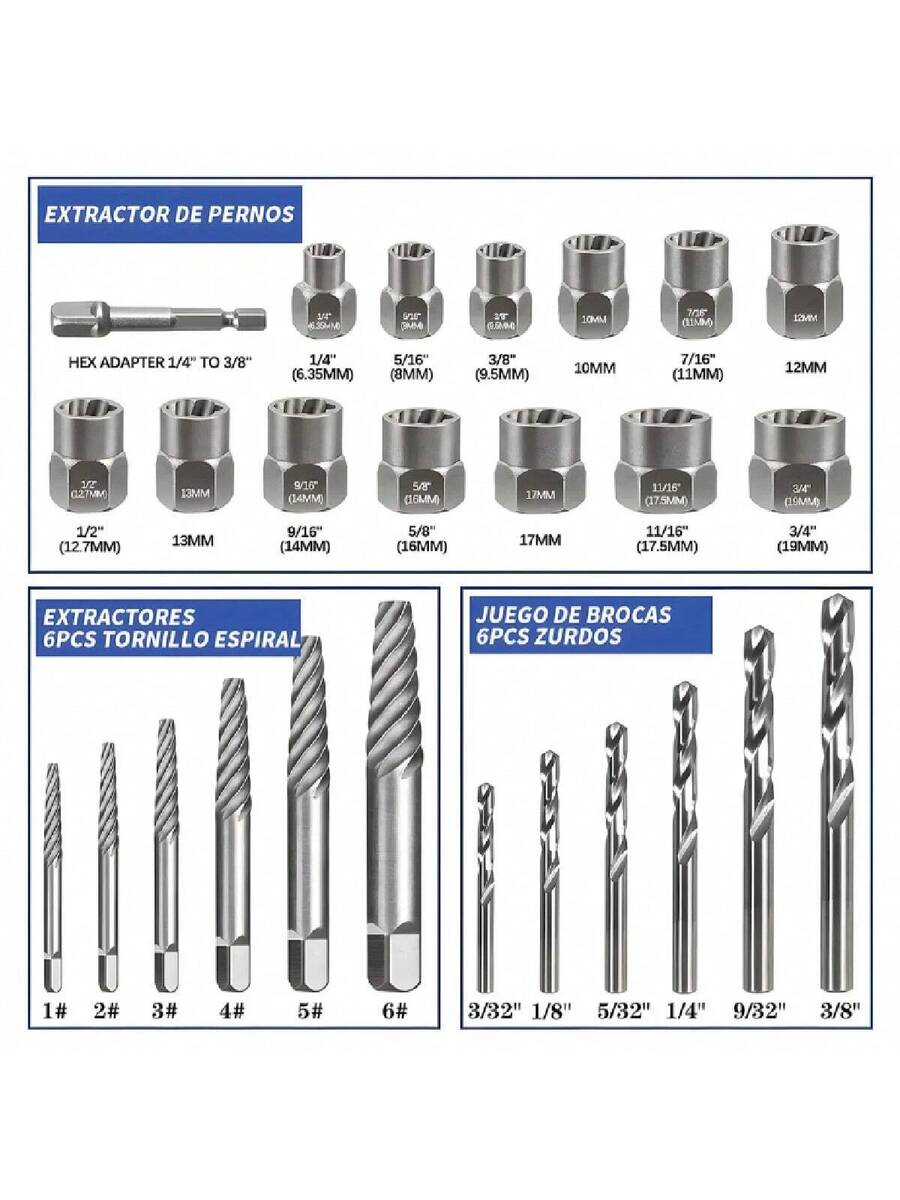 Juego de 26 piezas de extractores de tornillos y juego de brocas izquierdas